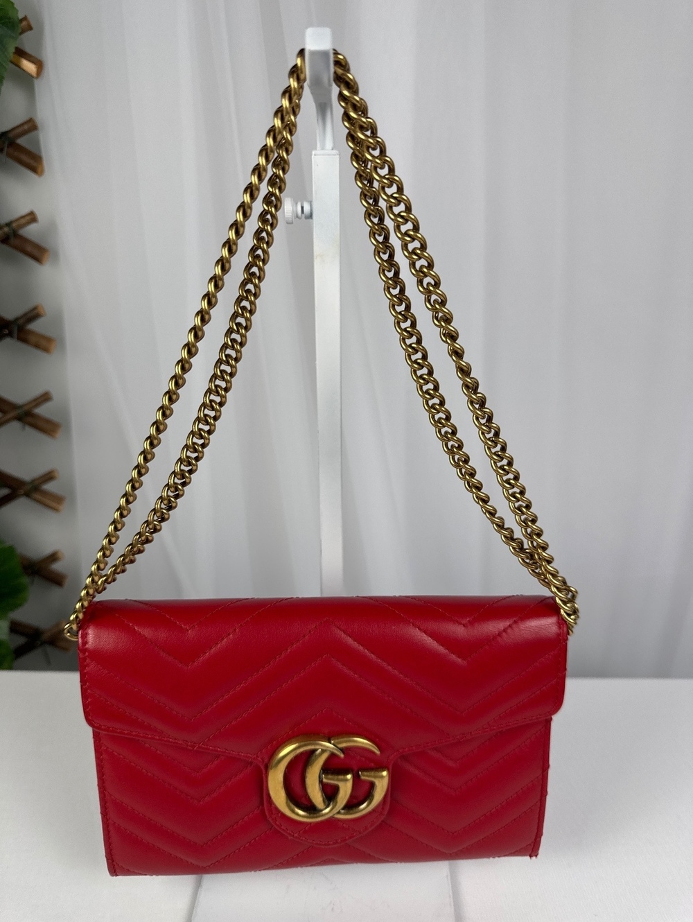 Gucci GG Marmont Red Matelassé Leather Wallet on Chain